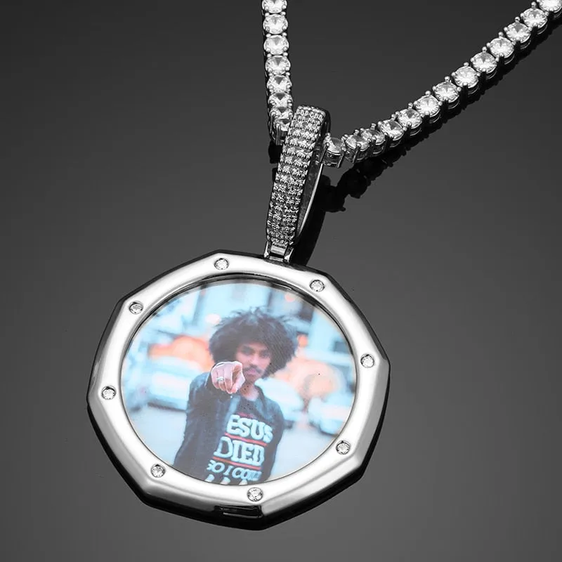 14K Plated Gold Pendant Custom Photo Medallion Necklace With 8 Micro Nano Stone