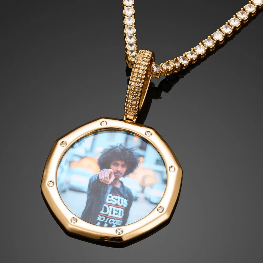 14K Plated Gold Pendant Custom Photo Medallion Necklace With 8 Micro Nano Stone