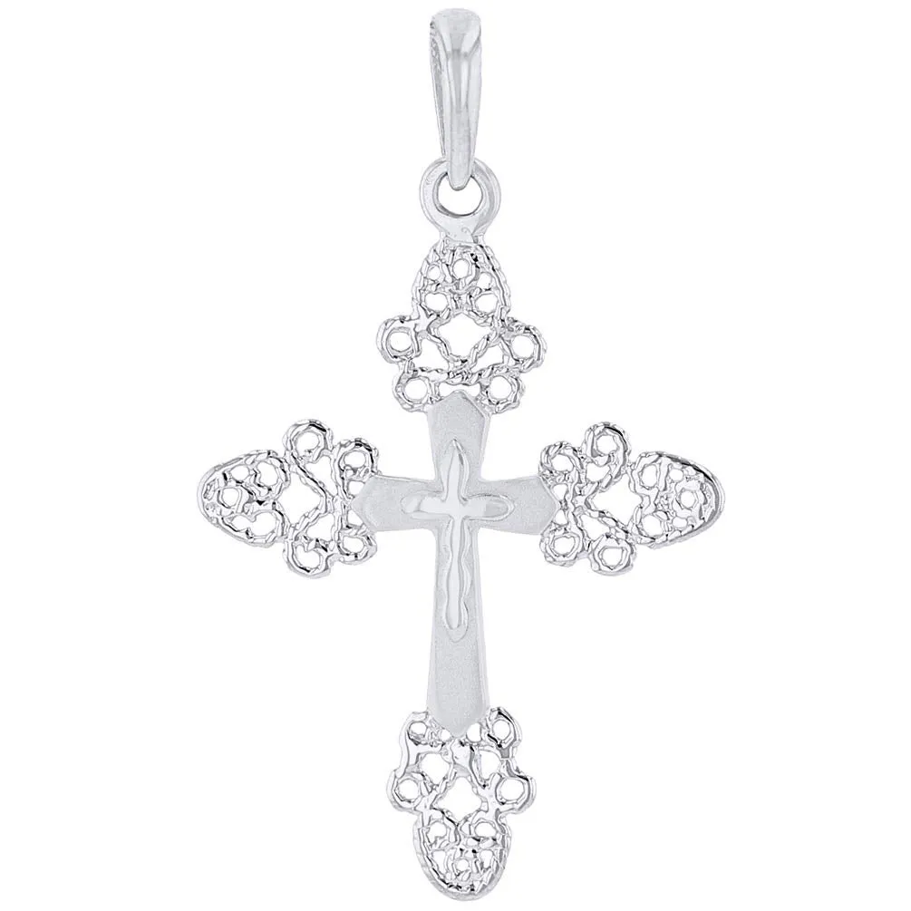 14k White Gold Elegant Filigree Fleur de Lis Cross Pendant