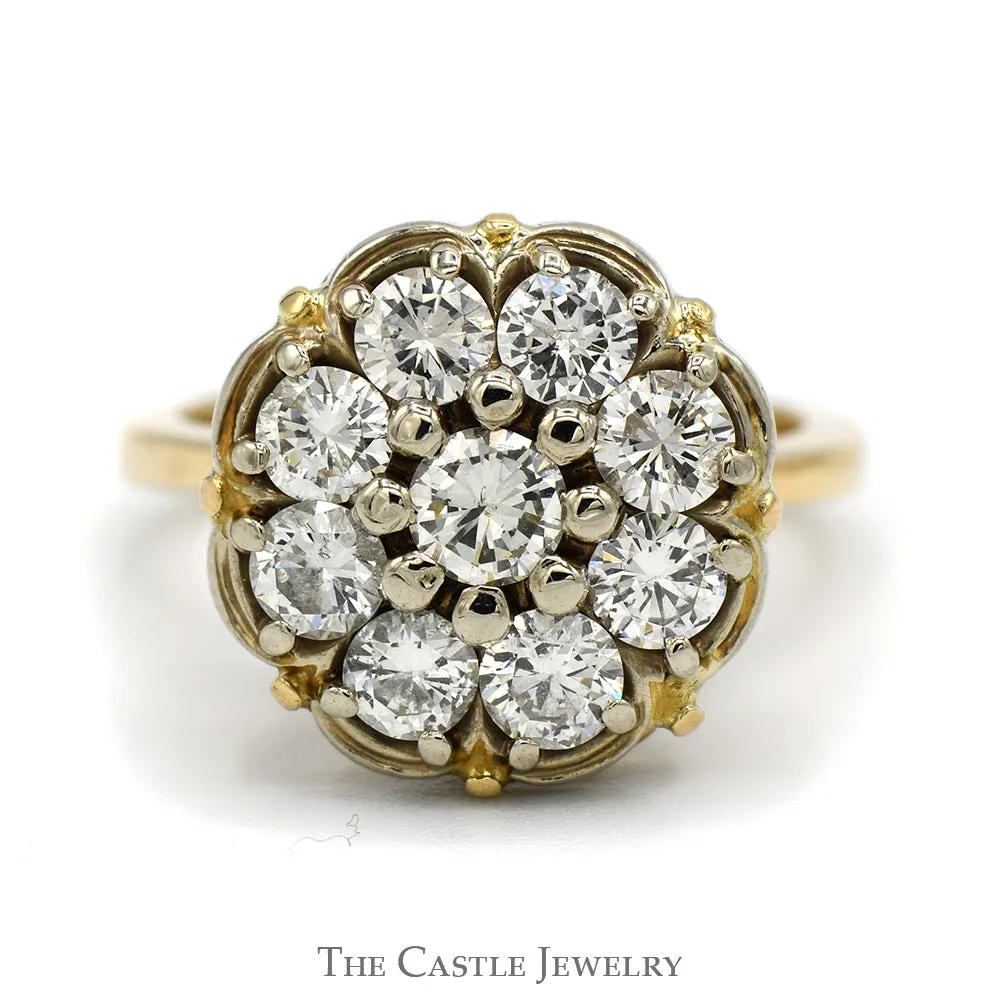 1.8cttw 9 Diamond Cluster Ring in 14k Yellow Gold