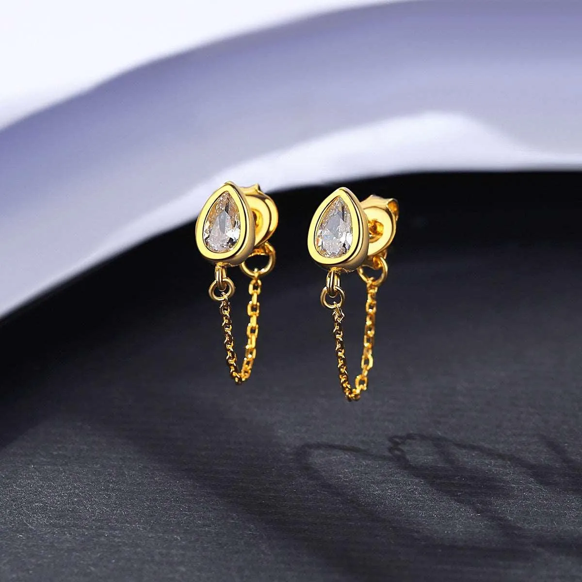 925 Silver Drop Chain Stud Earrings French Zircon