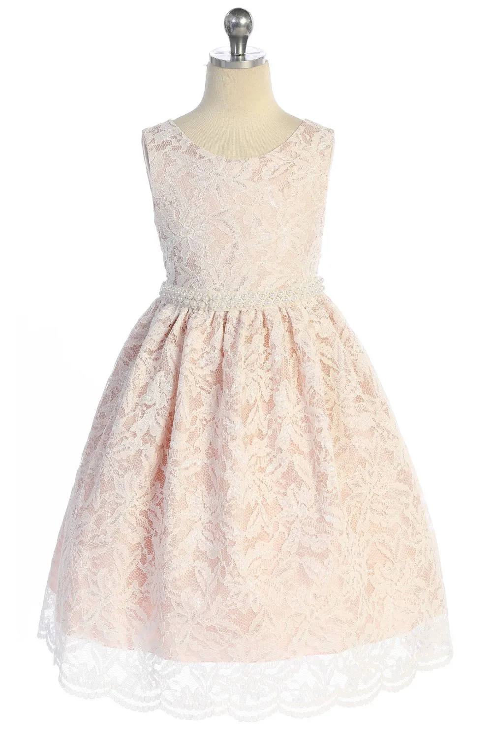 All Lace Girls Dress with V Back & Bow and Thick Pearl Trim