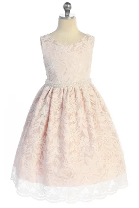 All Lace Girls Dress with V Back & Bow and Thick Pearl Trim