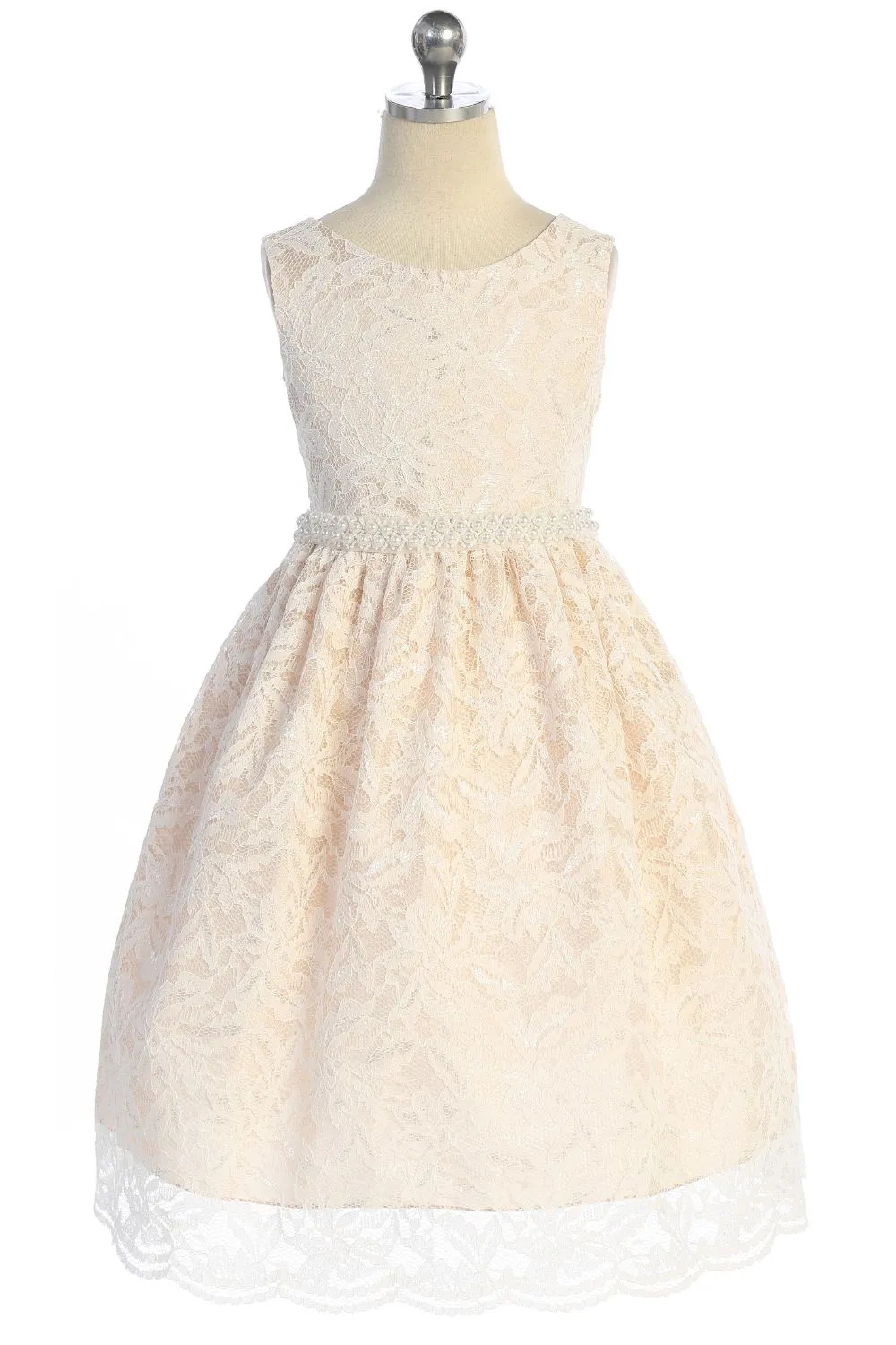 All Lace Girls Dress with V Back & Bow and Thick Pearl Trim