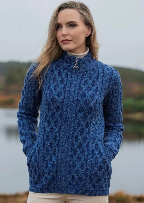 Aran Crafts Yeats Plated Zip Cardigan | Blue