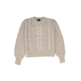 Bamboo Oatmeal Cable Knit Puff Sleeve Sweater