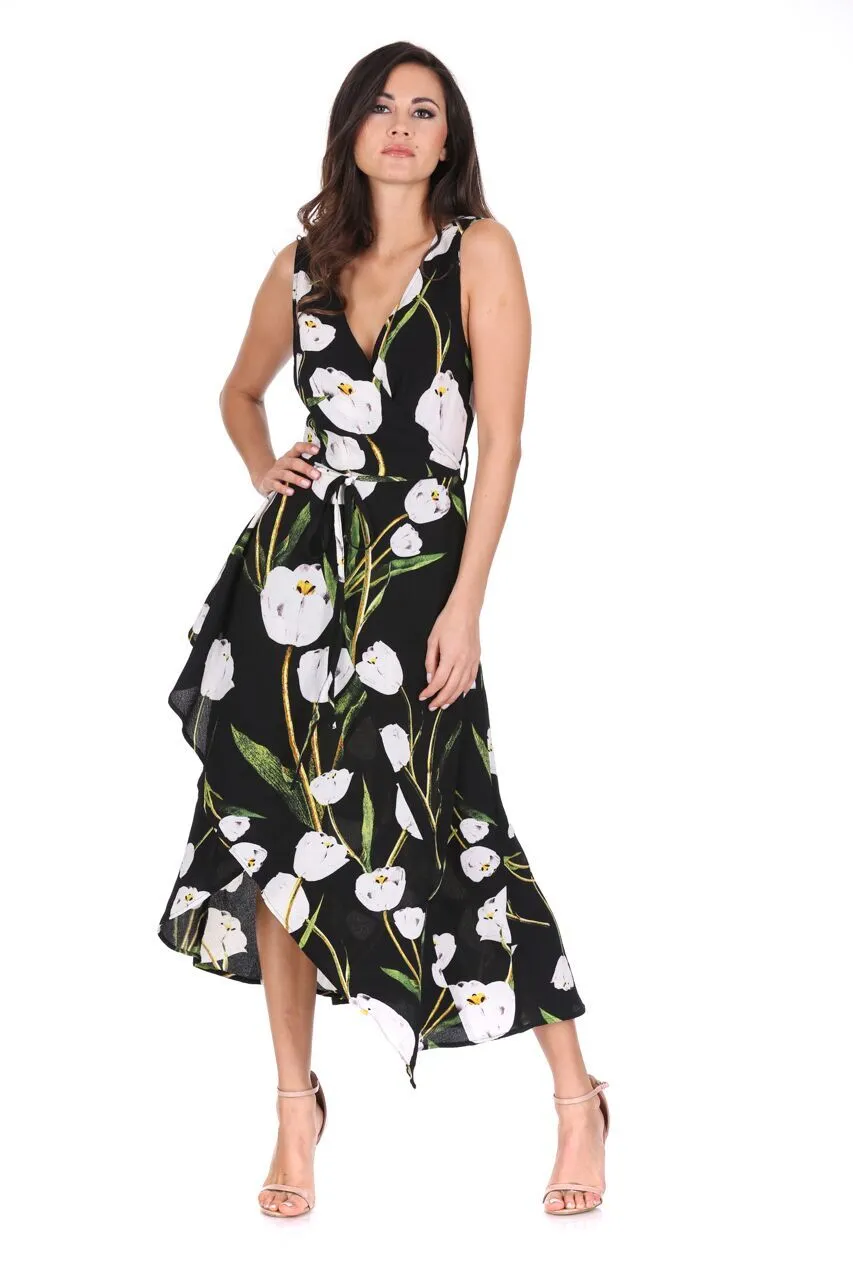 Black Floral V-Neck Wrap Over Dress