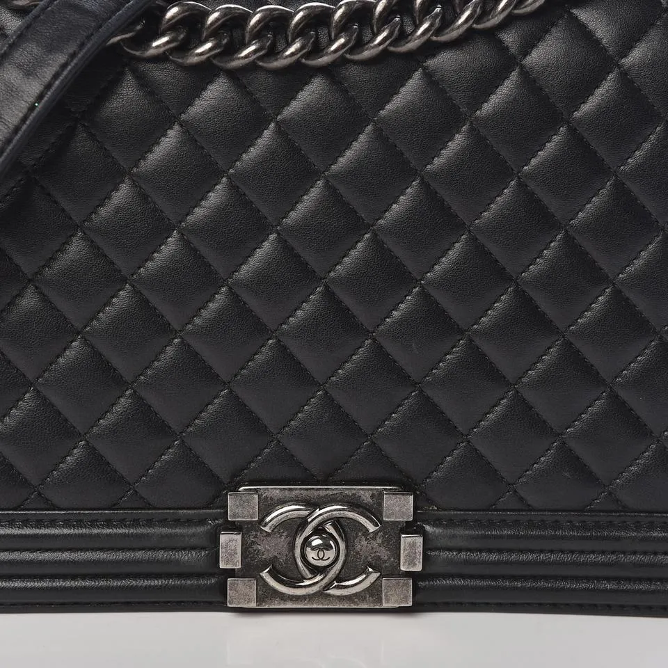 Chanel Boy Quilted New Medium Flap Black Lambskin Leather Cross Body Bag