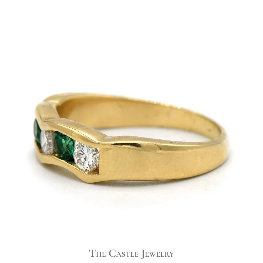 Channel Set Emerald and Diamond Fitted Band in 14k Yellow Gold