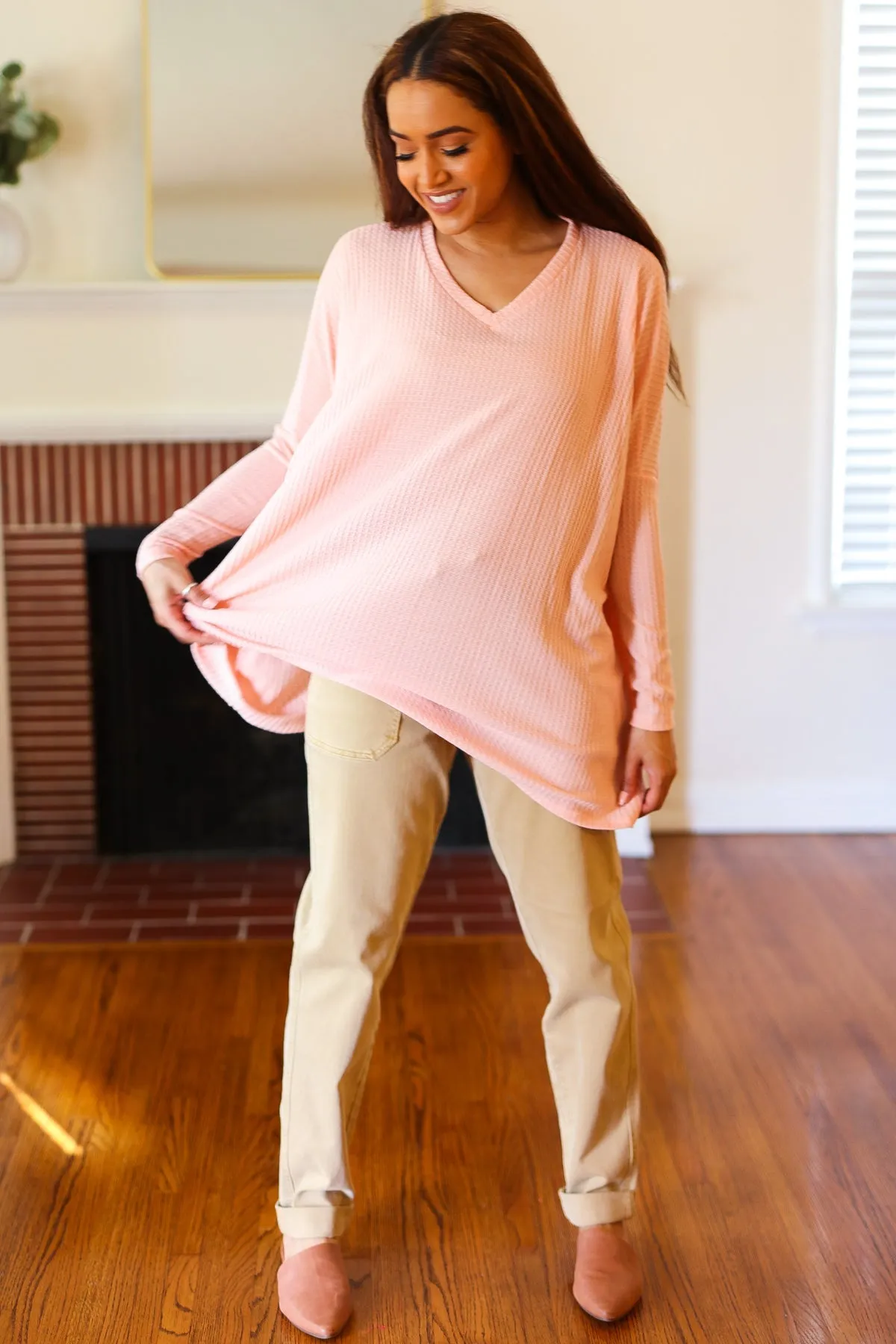 Explore More Collection - All For Love Peach Waffle Knit V Neck Dolman Top