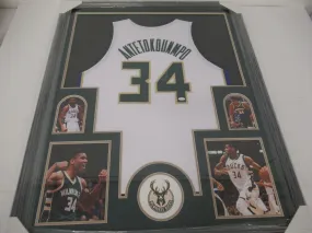 Giannis Antetokounmpo Bucks signed framed matted White Basketball Jersey JSA COA