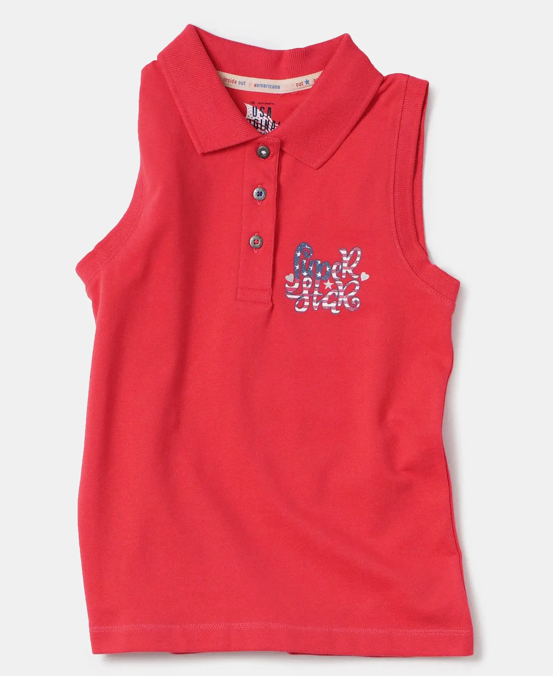 Girl's Super Combed Cotton Elastane Stretch Polo Neck Graphic Printed Tank Top - Hibiscus