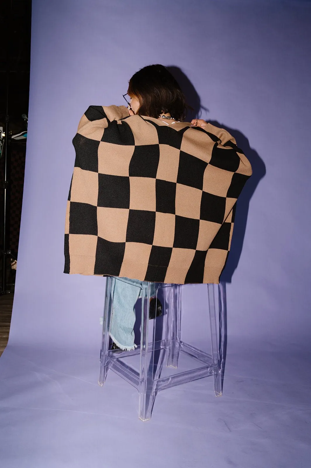 Love You Oversized Checkerboard Cardigan in Black   Latte