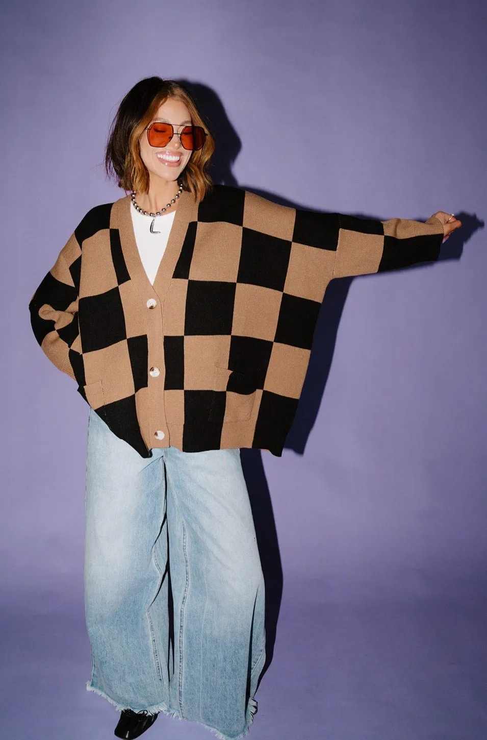 Love You Oversized Checkerboard Cardigan in Black   Latte