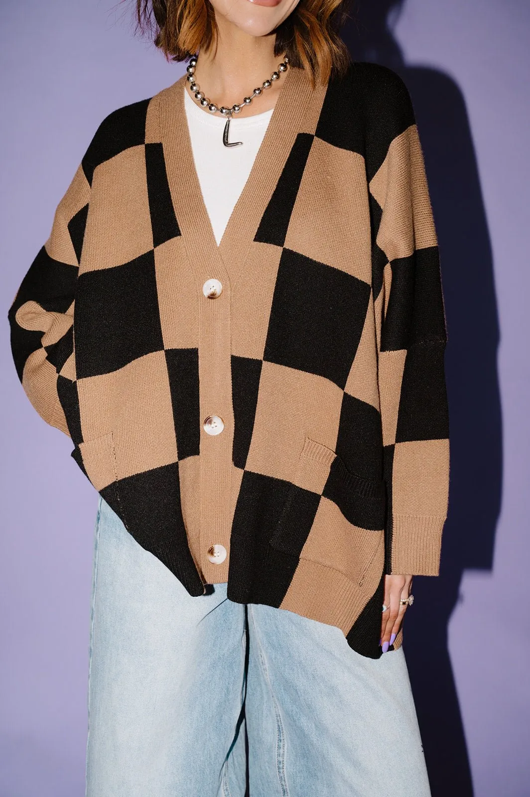 Love You Oversized Checkerboard Cardigan in Black   Latte