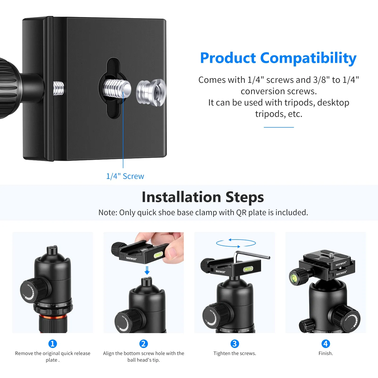 NEEWER Metal 50mm Quick Shoe Base Clamp and QR Plate