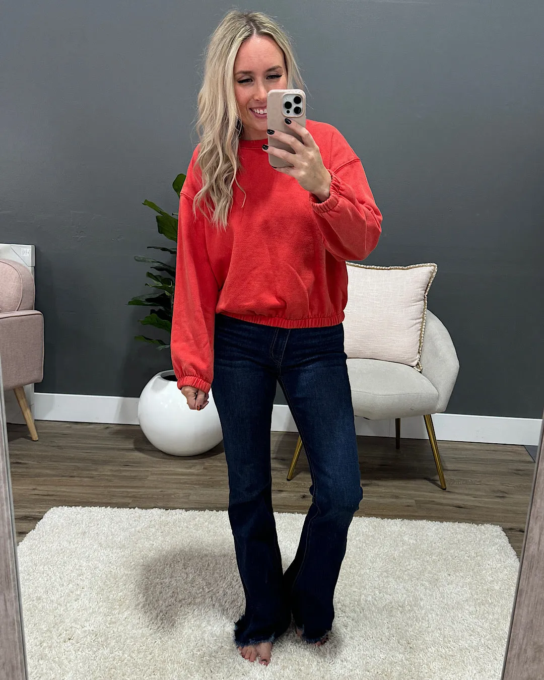 NEW! Kalea Elastic Hem Crewneck Sweatshirt - Scarlet Sun