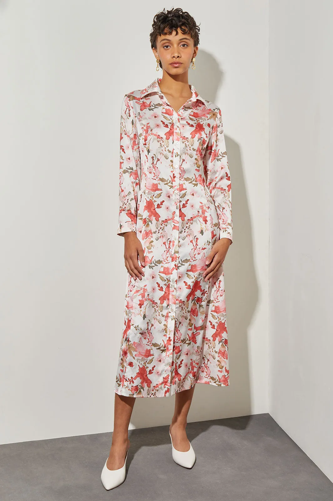 Watercolor Floral Crepe de Chine Shirt Dress