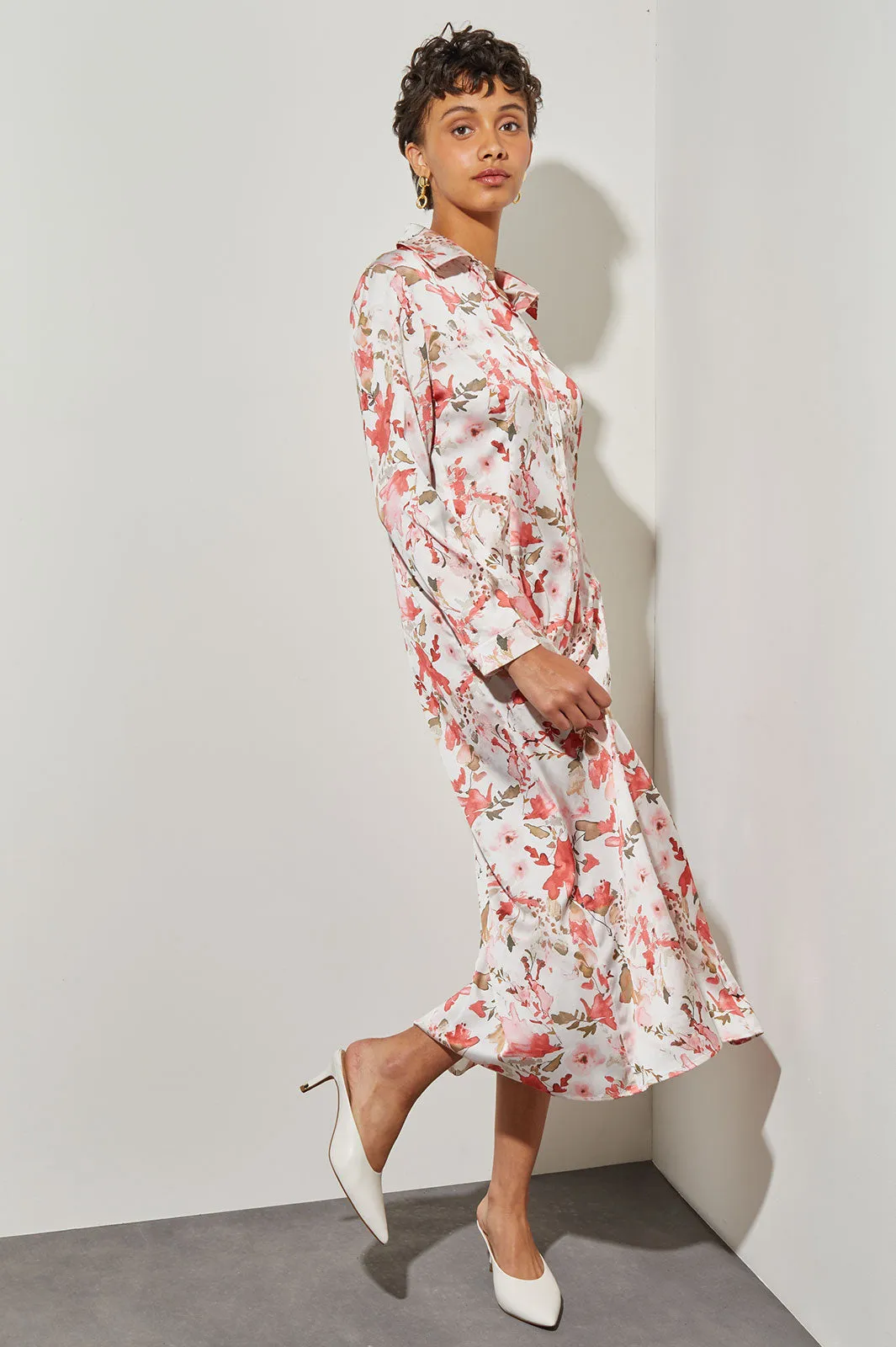 Watercolor Floral Crepe de Chine Shirt Dress